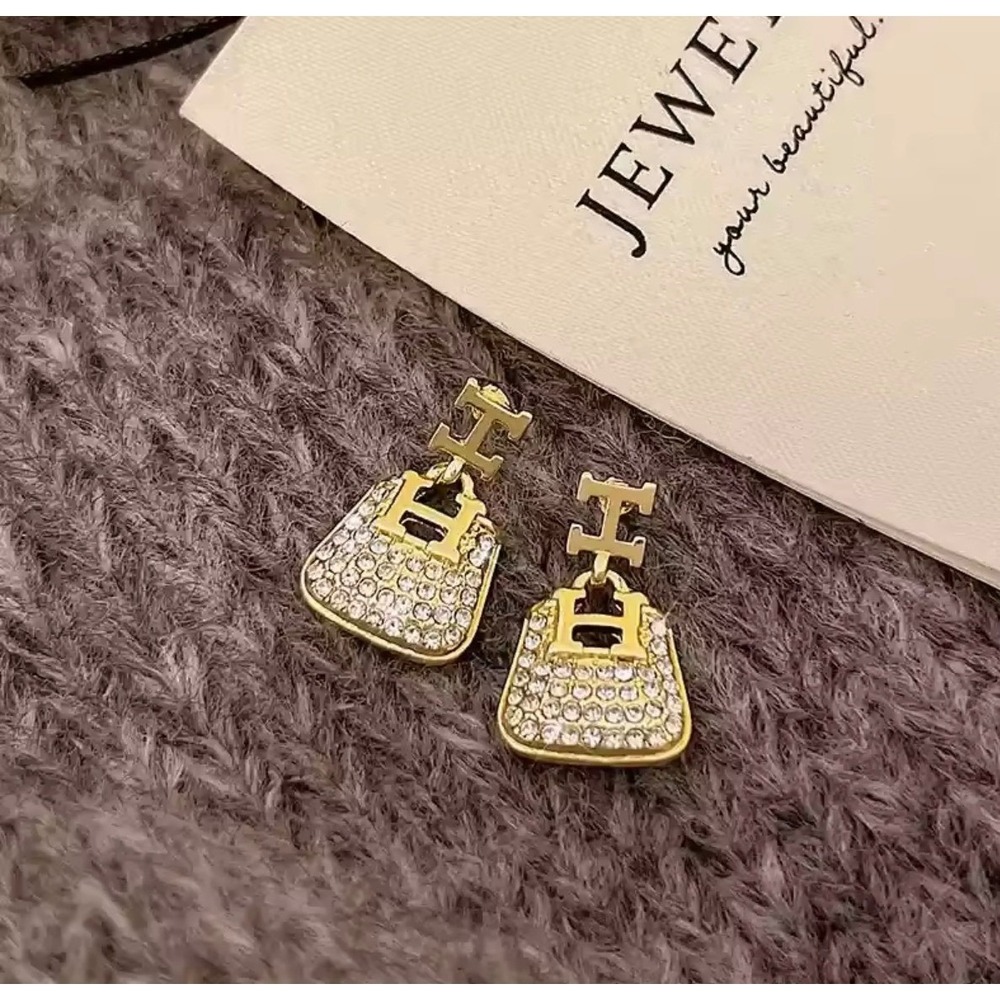 Gold Handbag H Initial Drop‎ Earrings Crystal Purse Dangle Jewelry for Women